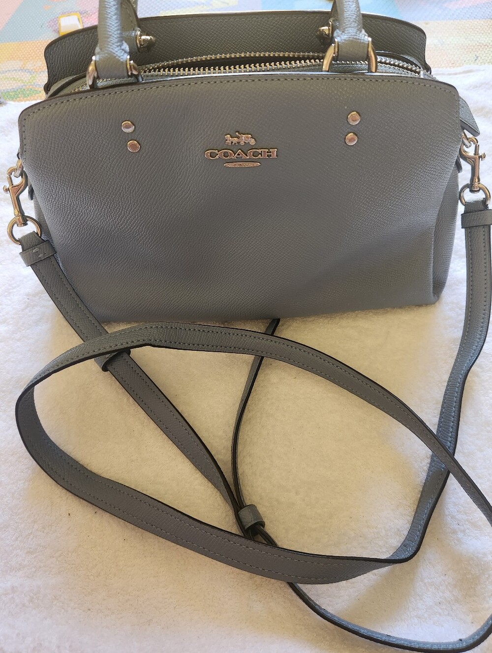 Coach Mini Lillie Carryall Bag in Light Blue Crossgrain Leather, Crossbody Strap